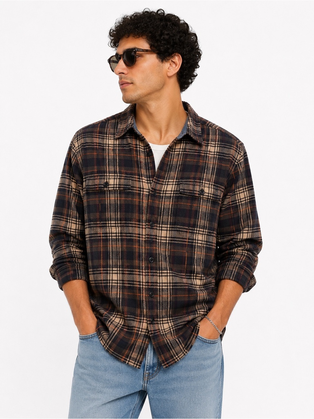 Men's Luxe Performance Casual Plaid Button-Down Shirt - Brown/Black